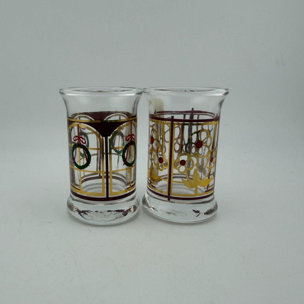 Holmegaard Clear Christmas 1995 Shot Glass Set Wreath Flower Gold Trim